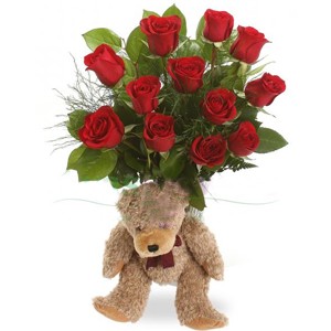 Dozen Roses N Small Teddy Bear