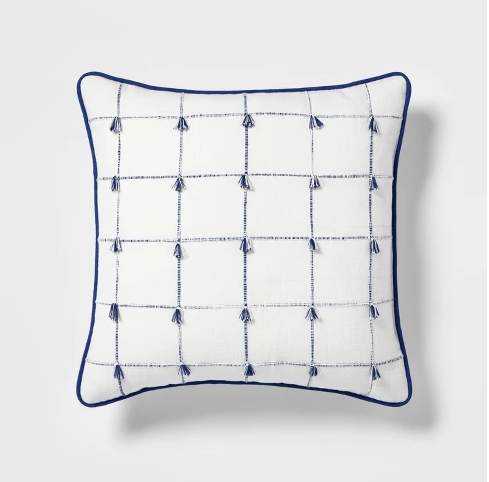 Woven Plaid With Mini Fringe Square Throw Pillow Blue/White - Threshold