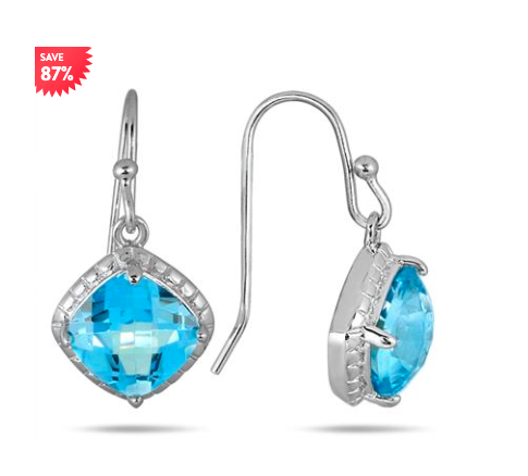 3 Carat Cushion Cut Blue Topaz Dangle Earrings in .925 Sterling Silver