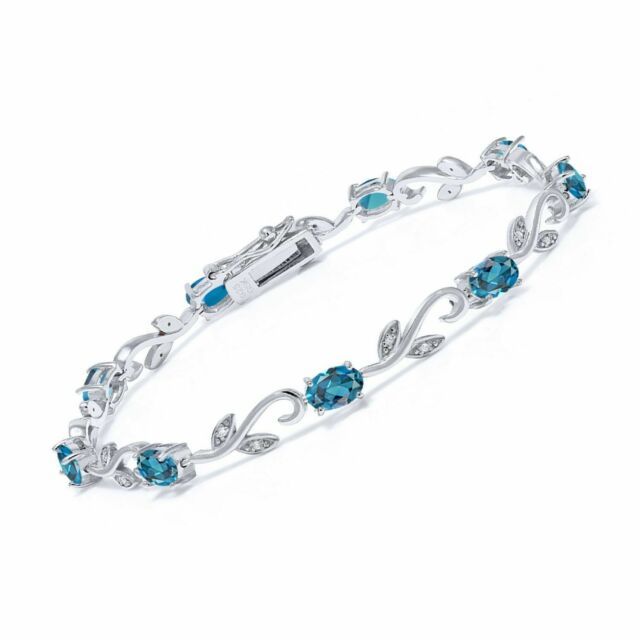 4.63 Ct Oval London Blue Topaz White Diamond 925 Sterling Silver Bracelet