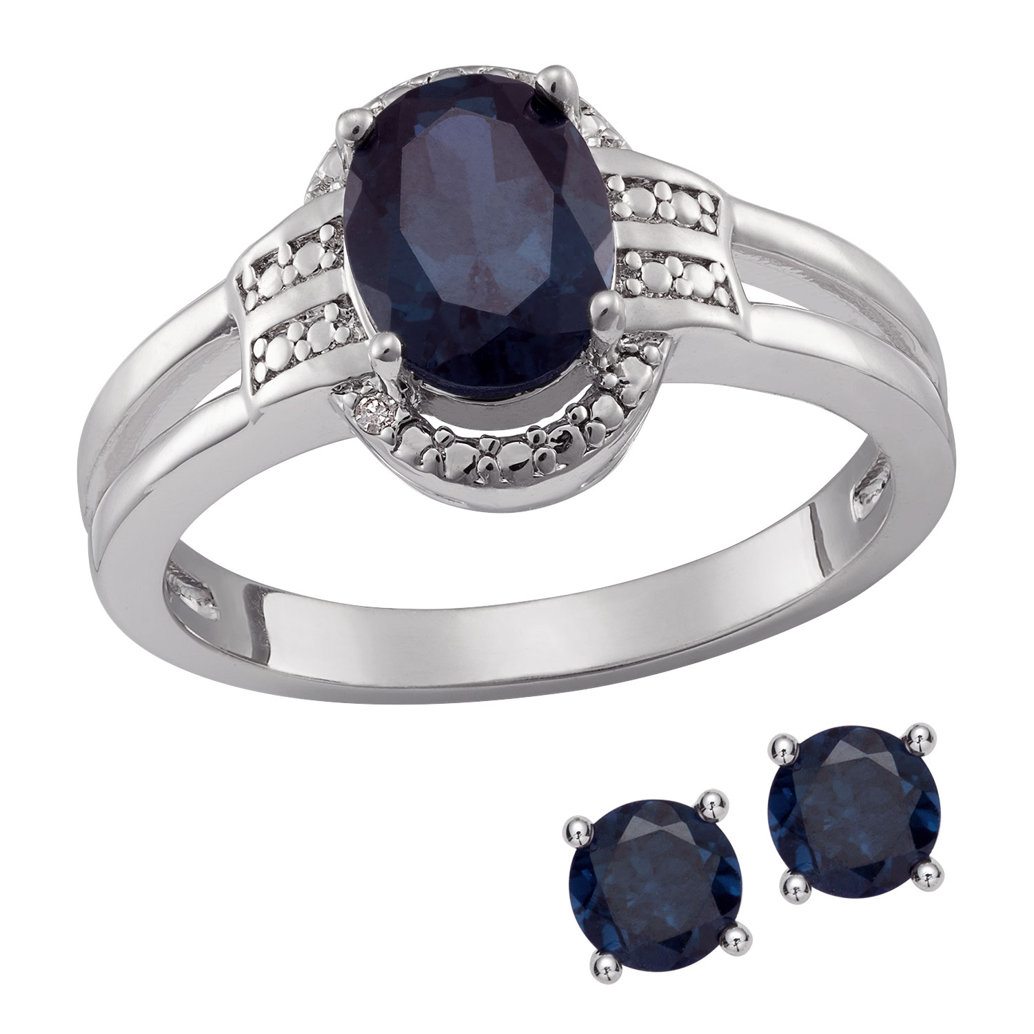 Genuine Sapphire And Diamond Accent Ring With Earrings