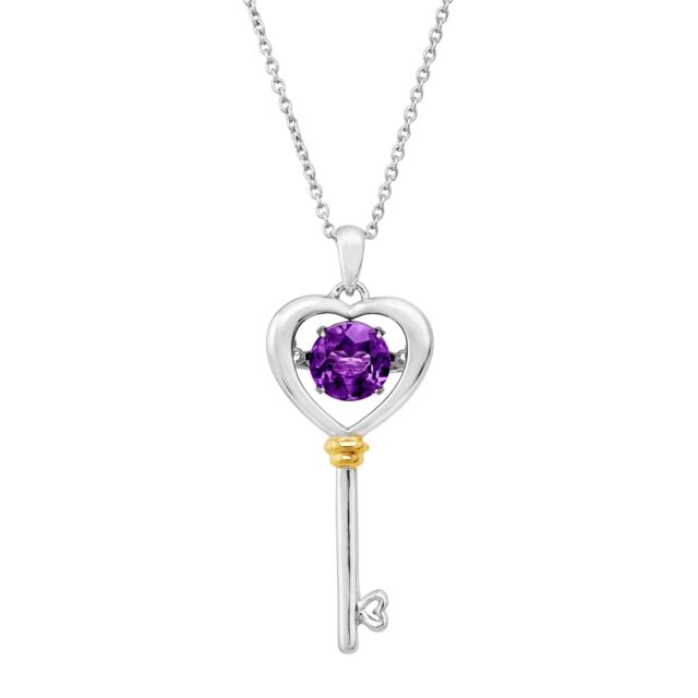 Natural Amethyst Heart Key Floater Pendant in Sterling Silver & 14K Gold, 18"