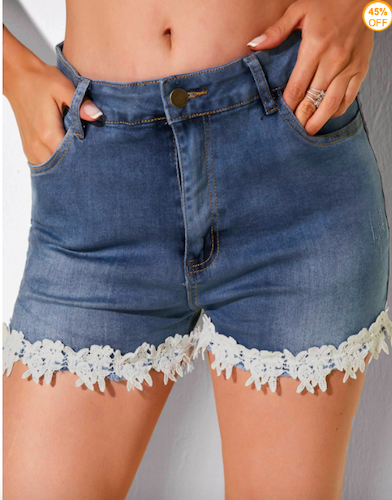 Lace Trim Slant Pocket Denim Shorts