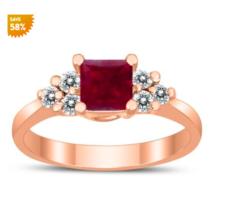 PRINCESS CUT 5X5MM RUBY AND DIAMOND DUCHESS RING IN 10K ROSE GOLD