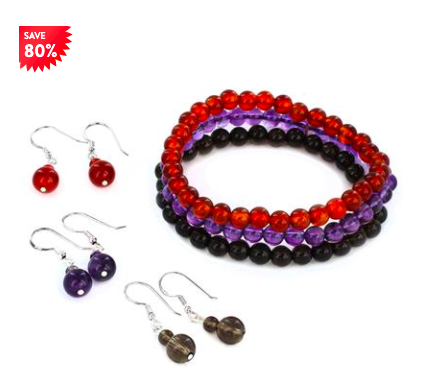 6MM-6.5MM WOMEN'S SMOKEY QUARTZ, CARNELIAN AND AMETHYST STONE BEADED BRACELET AND EARRING SET (SET OF 3)