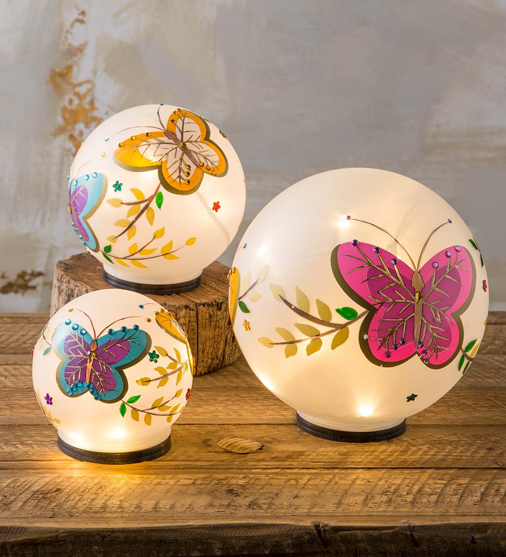 Lighted Frosted Glass Butterfly Globes, Set of 3