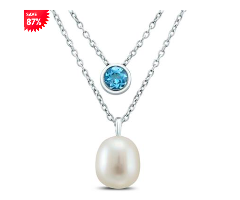 FRESHWATER CULTURED PEARL AND BLUE TOPAZ LAYER NECKLACE IN .925 STERLING SILVER