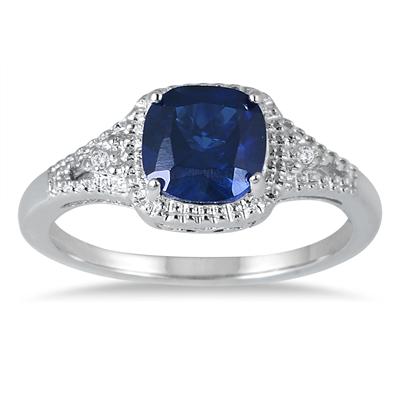 7MM CREATED SAPPHIRE AND DIAMOND RING IN .925 STERLING SILVER