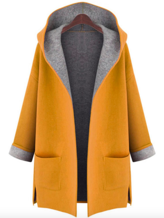 Hooded Patch Pocket Woolen Color Block Coat