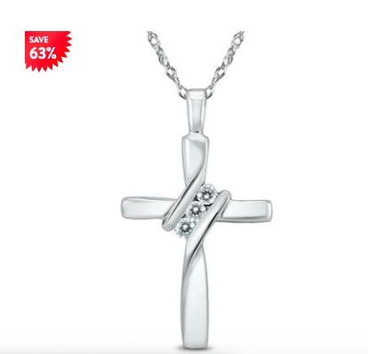 THREE STONE DIAMOND CROSS PENDANT IN 10K WHITE GOLD