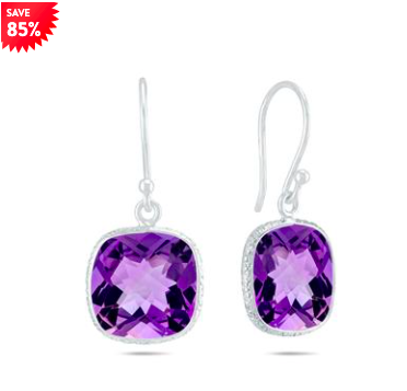 CUSHION CUT 11MM AMETHYST DROP EARRINGS IN .925 STERLING SILVER