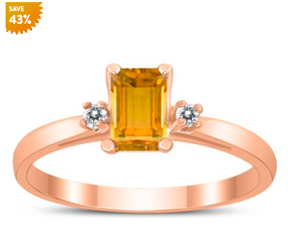 EMERALD CUT 6X4MM CITRINE AND DIAMOND THREE STONE RING IN 10K ROSE GOLD