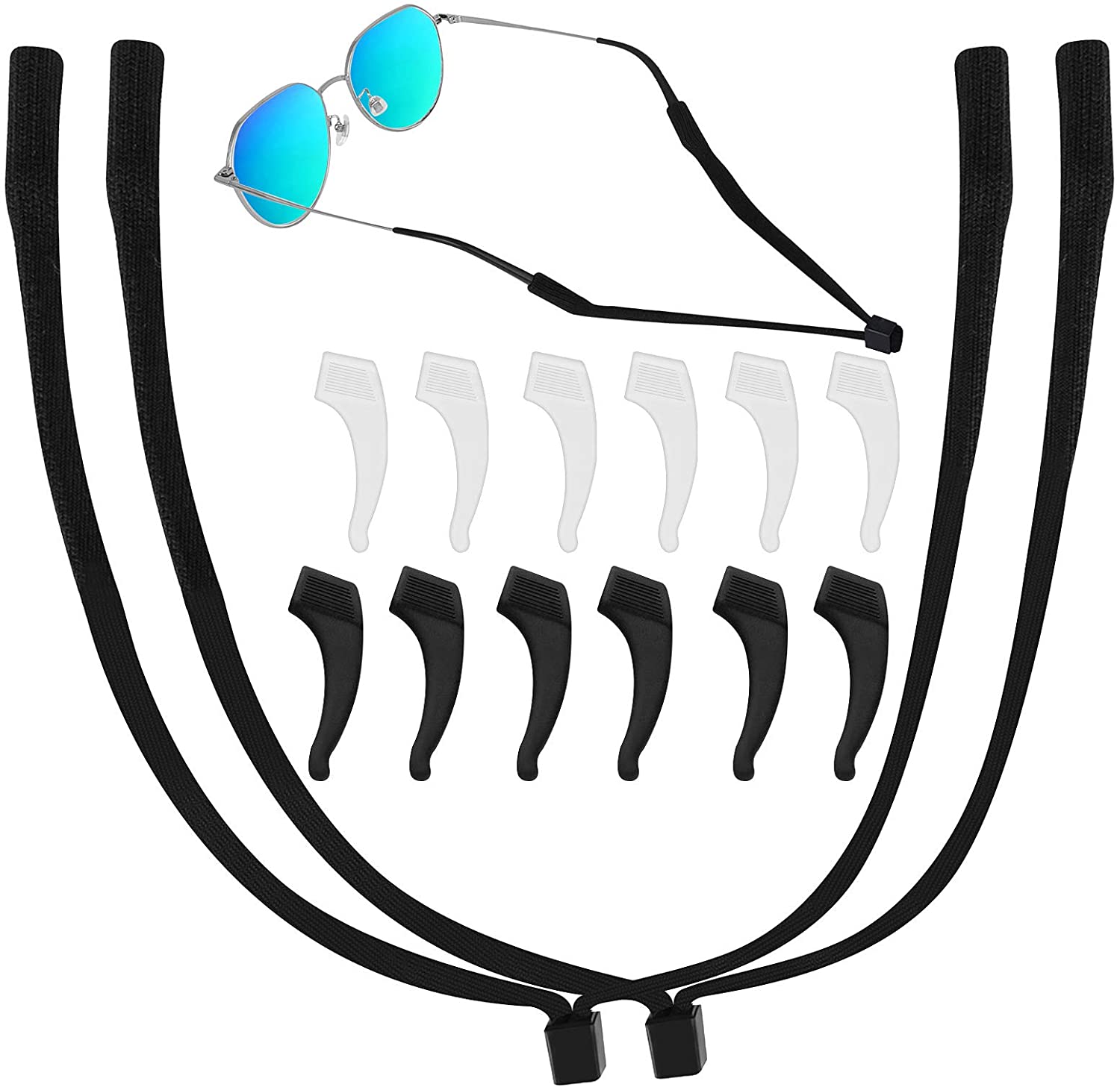 2 adjustable eyeglass straps + 12 ear hooks