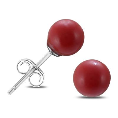 6MM RED CORAL BALL EARRING IN .925 STERLING SILVER
